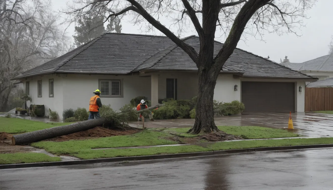Tree removal provider cutting a storm-fallen tree beside a stucco ranch home in Riverside