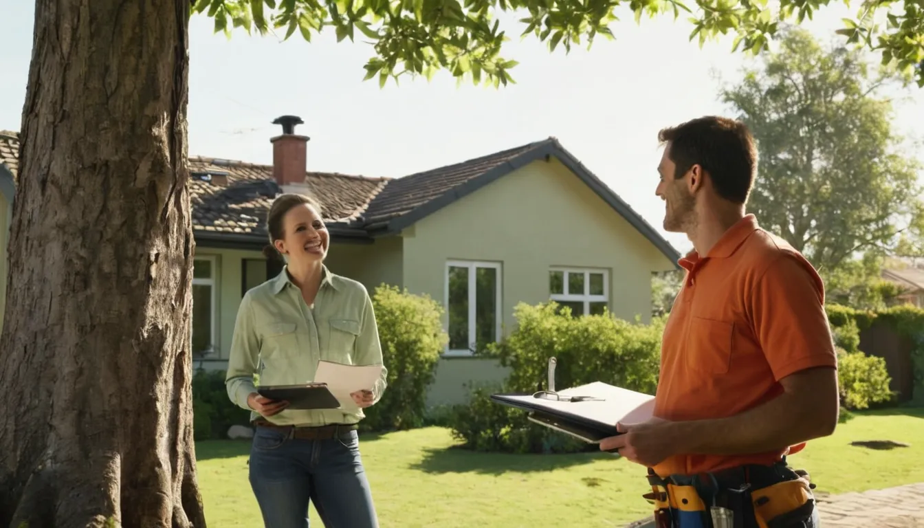 A homeowner talking with a local tree provider in a front yard in the Riverside area