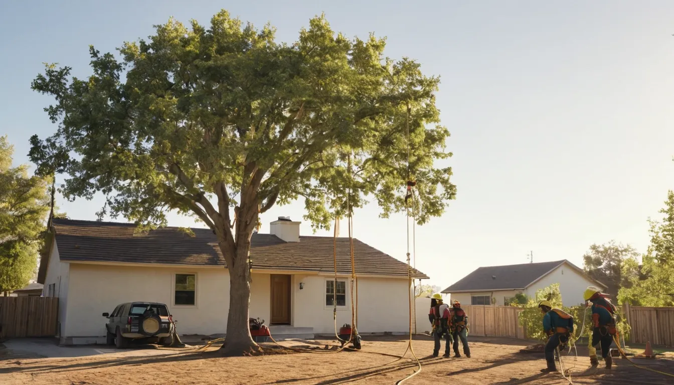 A tree removal crew working safely on a large backyard tree near a stucco home in Riverside