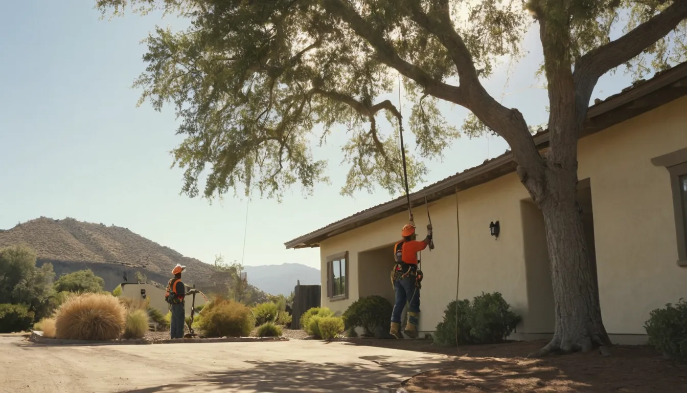 A local tree removal provider cutting a large tree in sections beside a stucco ranch home in Riverside